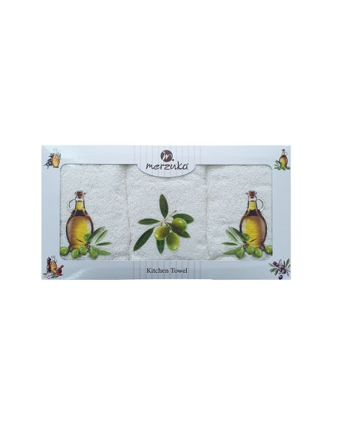 30 x 5O cm Mutfak Havlusu Seti ZEYTİN BASKILI 3'LÜ set