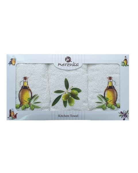 30 x 5O cm Mutfak Havlusu Seti ZEYTİN BASKILI 3'LÜ set